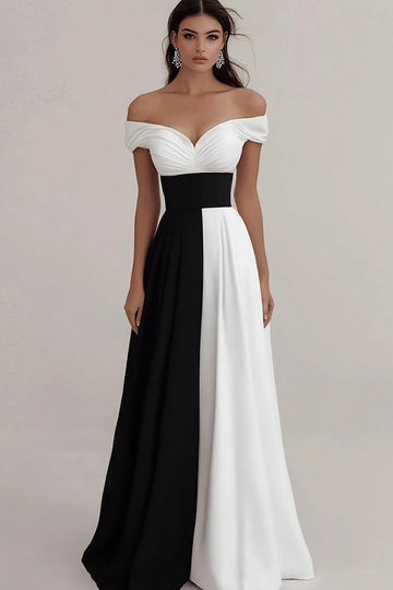 Black White Satin A Line Off The Shoulder Long Formal Dress
